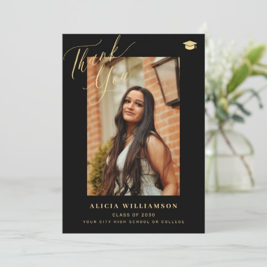 エレガント金ゴールド台本の卒業写真の卒業 サンキューカード (スタンド正面)