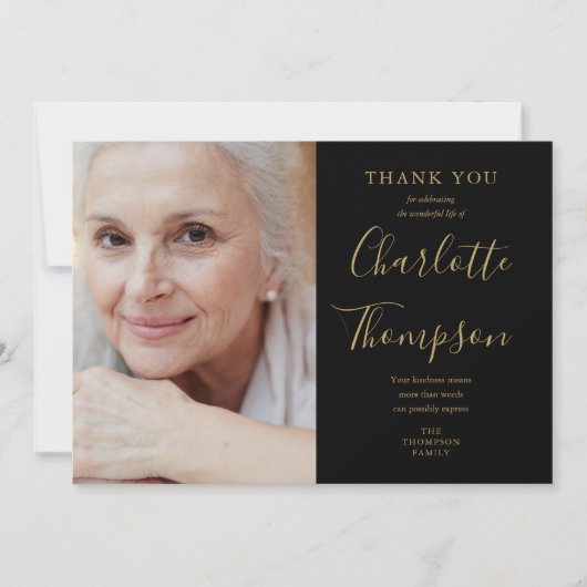 エレガント金ゴールド台本メモリアル葬儀写真 サンキューカード (正面)