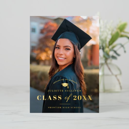 エレガント金ゴールド型写真卒業 箔招待状 (立ち正面)