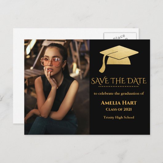 エレガント金ゴールド大学院帽 |日付写真を保存 ポストカード (正面/裏面)