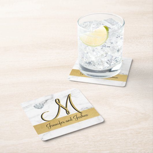 エレガント金ゴールド大理石結婚の贈り物 – モノグラム スクエアペーパーコースター (インサイチュ)
