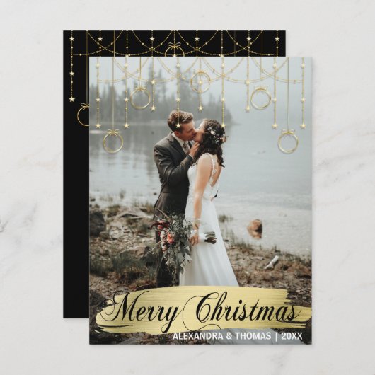エレガント金ゴールド婚約したクリスマスの最初の結婚した写真 シーズンカード (正面/裏面)
