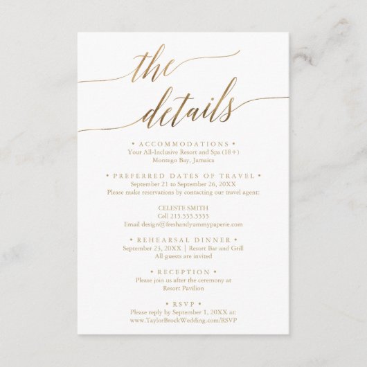 エレガント金ゴールド宛先ウェディング旅行詳細 エンクロージャーカード (正面)