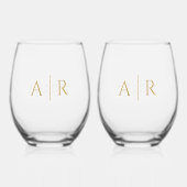 エレガント金ゴールド対ミニマルイニシャル結婚式の引き出物 ステムなしワイングラス (正面)