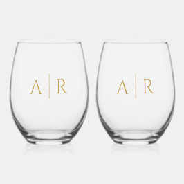 エレガント金ゴールド対ミニマルイニシャル結婚式の引き出物 ステムなしワイングラス