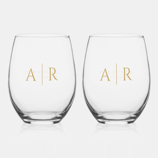 エレガント金ゴールド対ミニマルイニシャル結婚式の引き出物 ステムなしワイングラス (正面)