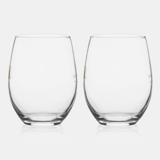 エレガント金ゴールド対ミニマルイニシャル結婚式の引き出物 ステムなしワイングラス (左)