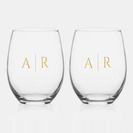 エレガント金ゴールド対ミニマルイニシャル結婚式の引き出物 ステムなしワイングラス