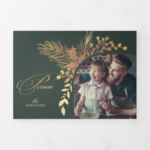 エレガント金ゴールド平和書道植物写真 三つ折りクリスマスカード