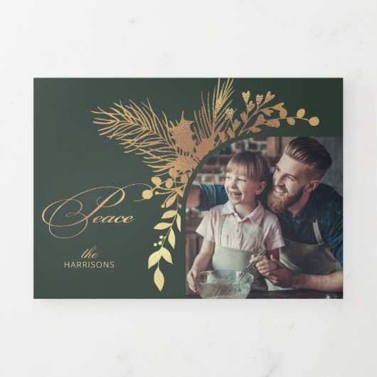 エレガント金ゴールド平和書道植物写真 三つ折りクリスマスカード (カバー)