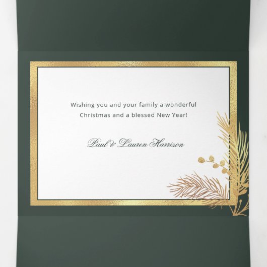 エレガント金ゴールド平和書道植物写真 三つ折りクリスマスカード (内部中)