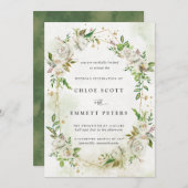 エレガント金ゴールド幾何フローラ結婚緑 招待状 (正面/裏面)