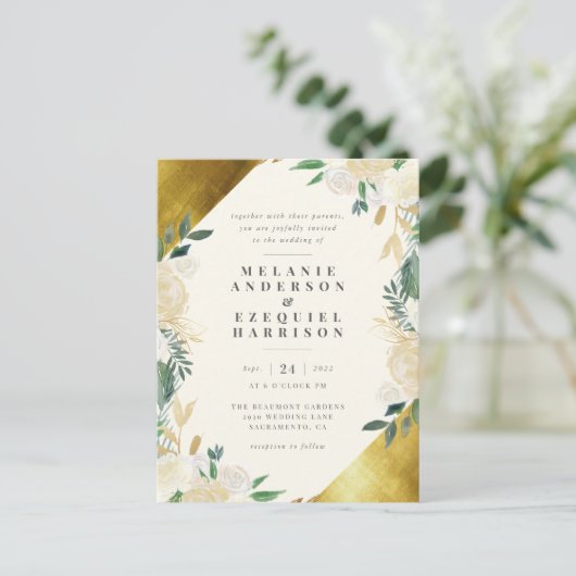 エレガント金ゴールド幾何フローラ結婚 インビテーションポストカード (スタンド正面)