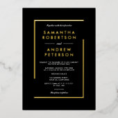 エレガント金ゴールド幾何学的フレーム結婚フォト黒 箔招待状 (正面)