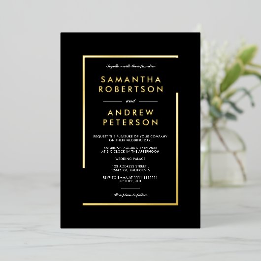 エレガント金ゴールド幾何学的フレーム結婚フォト黒 箔招待状 (立ち正面)