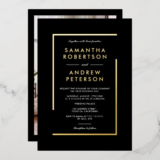エレガント金ゴールド幾何学的フレーム結婚フォト黒 箔招待状 (正面/裏面)