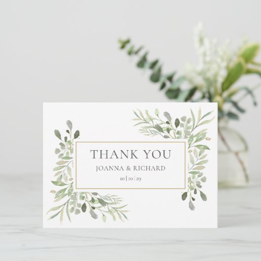 エレガント金ゴールド幾何結婚緑 サンキューカード (スタンド正面)