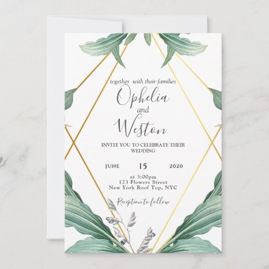 エレガント金ゴールド幾何結婚緑 招待状 (正面)
