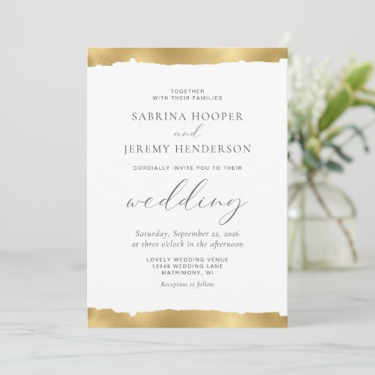 エレガント金ゴールド引き裂きエッジ白結婚式招待状 招待状 (スタンド正面)