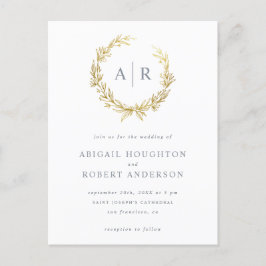 エレガント金ゴールド手描きリースイニシャル結婚の インビテーションポストカード
