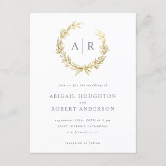 エレガント金ゴールド手描きリースイニシャル結婚の インビテーションポストカード