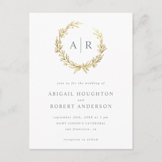 エレガント金ゴールド手描きリースイニシャル結婚の インビテーションポストカード (正面)