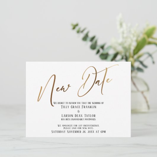 エレガント金ゴールド手書き入力の新しい日付の発表 招待状 (スタンド正面)