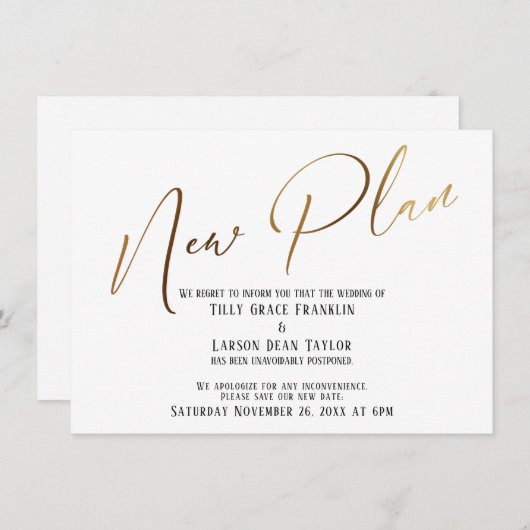エレガント金ゴールド手書き新しいプランの発表 招待状 (正面/裏面)