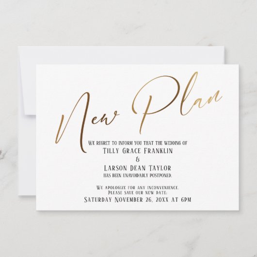 エレガント金ゴールド手書き新しいプランの発表 招待状 (正面)