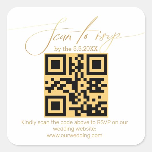 エレガント金ゴールド手書きrsvp qrコー結婚ド スクエアシール (正面)