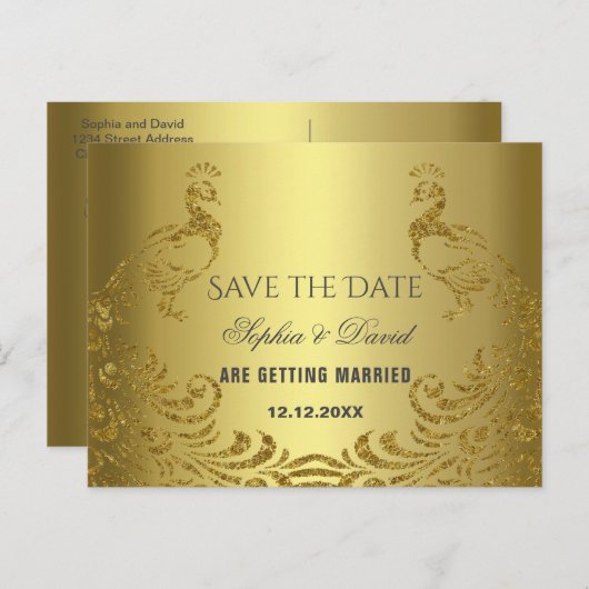 エレガント金ゴールド抽象芸術結婚孔雀 案内ポストカード (正面/裏面)