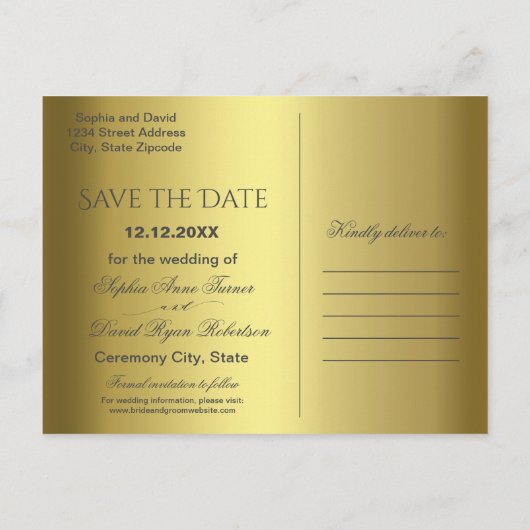 エレガント金ゴールド抽象芸術結婚孔雀 案内ポストカード (裏面)