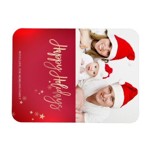 エレガント金ゴールド星赤い写真メリークリスマス マグネット (横)