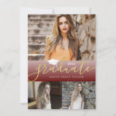 エレガント金ゴールド暗赤色の卒業生3写真卒業 案内状 (正面)