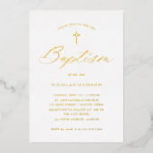 エレガント金ゴールド書と十字架 |バプテスマ 箔招待状 (正面)