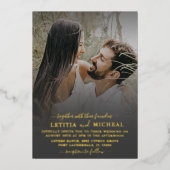 エレガント金ゴールド書の写結婚真 箔招待状 (正面)