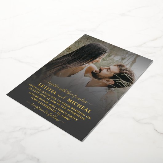 エレガント金ゴールド書の写結婚真 箔招待状 (回転した状態)