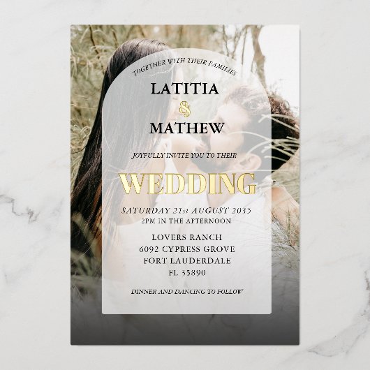 エレガント金ゴールド書フォトアー結婚チ 箔招待状 (正面)