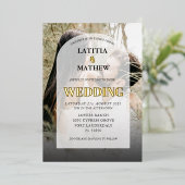 エレガント金ゴールド書フォトアー結婚チ 箔招待状 (立ち正面)