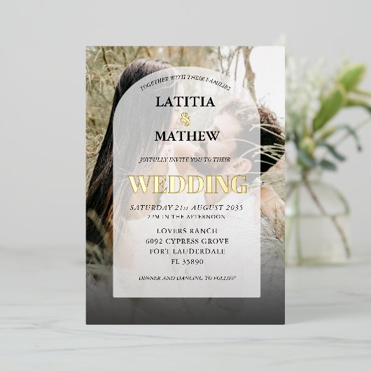 エレガント金ゴールド書フォトアー結婚チ 箔招待状 (立ち正面)