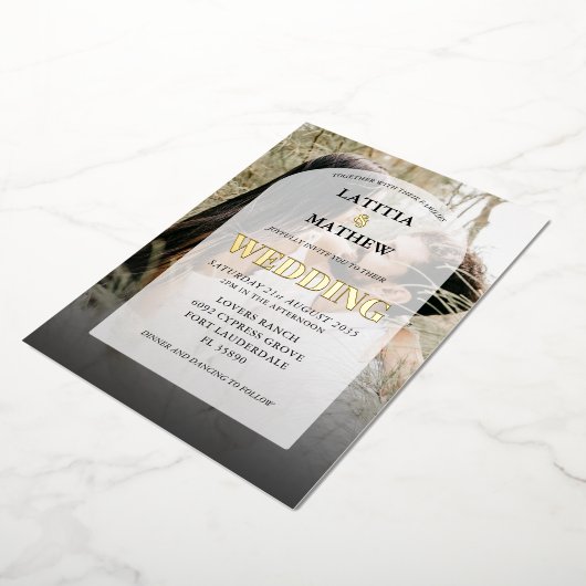 エレガント金ゴールド書フォトアー結婚チ 箔招待状 (回転した状態)