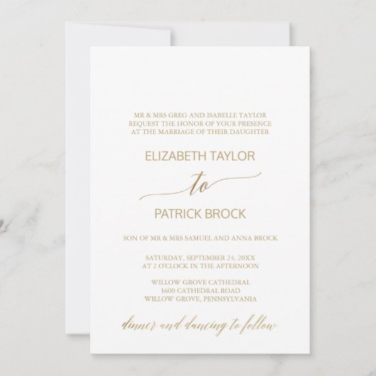 エレガント金ゴールド書フォーマル結婚の 招待状 (正面)