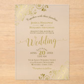 エレガント金ゴールド書レースのようの装飾結婚品 アクリル招待状 (正面)