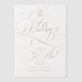 エレガント金ゴールド書結婚台文字オーバーレイ ベラム紙招待状 (正面)