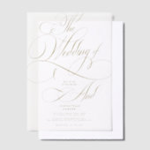 エレガント金ゴールド書結婚台文字オーバーレイ ベラム紙招待状 (オフセット)