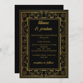 エレガント金ゴールド書結婚黒 招待状 (正面/裏面)