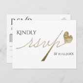 エレガント金ゴールド書記付き/ハートRSVP インビテーションポストカード (正面/裏面)