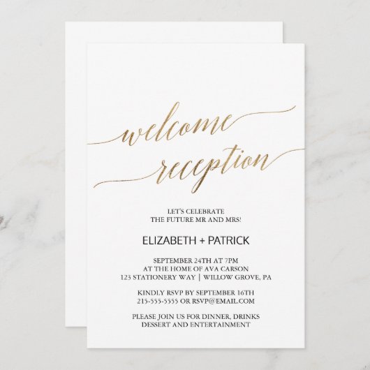 エレガント金ゴールド書道ウェルカム披露宴 招待状 (正面/裏面)
