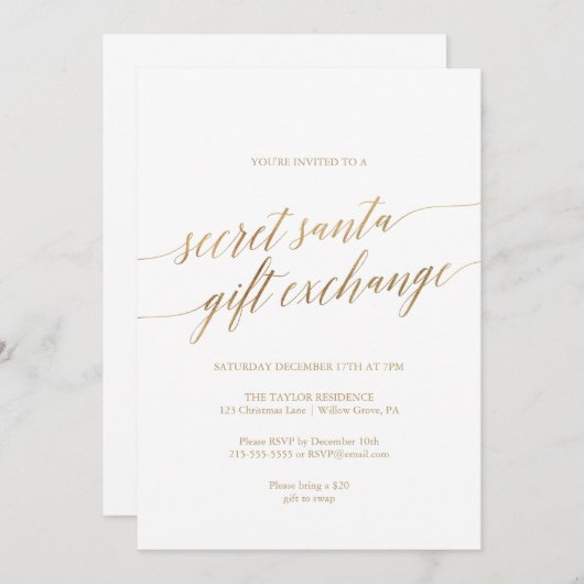 エレガント金ゴールド書道シークレットサンタ 招待状 (正面/裏面)