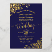 エレガント金ゴールド書道ネイビーブルーフリリー結婚ズ 箔招待状 (正面)